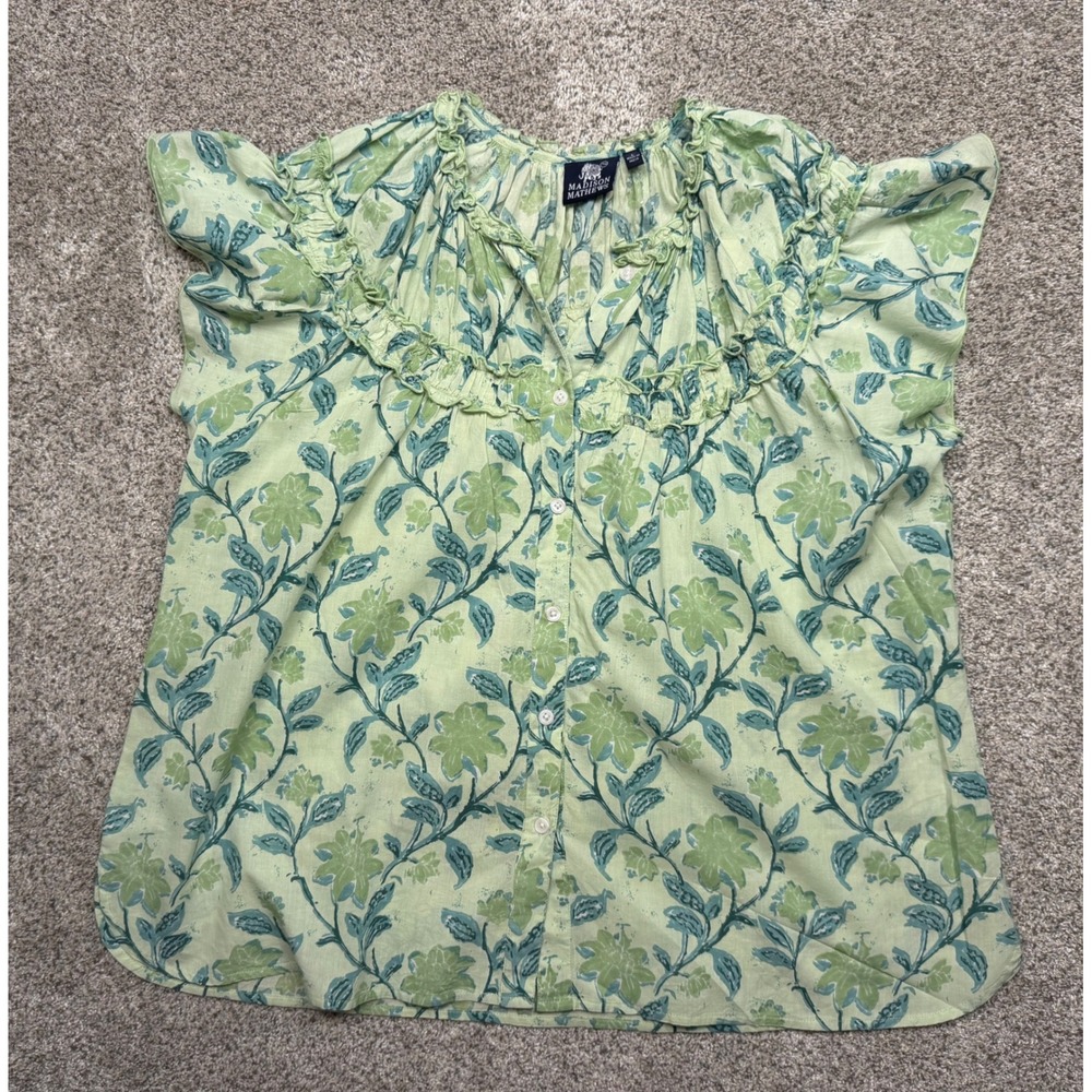 Madison Mathews Blouse Floral Block Print Large Green Ruffle Flutter Sleeve Top